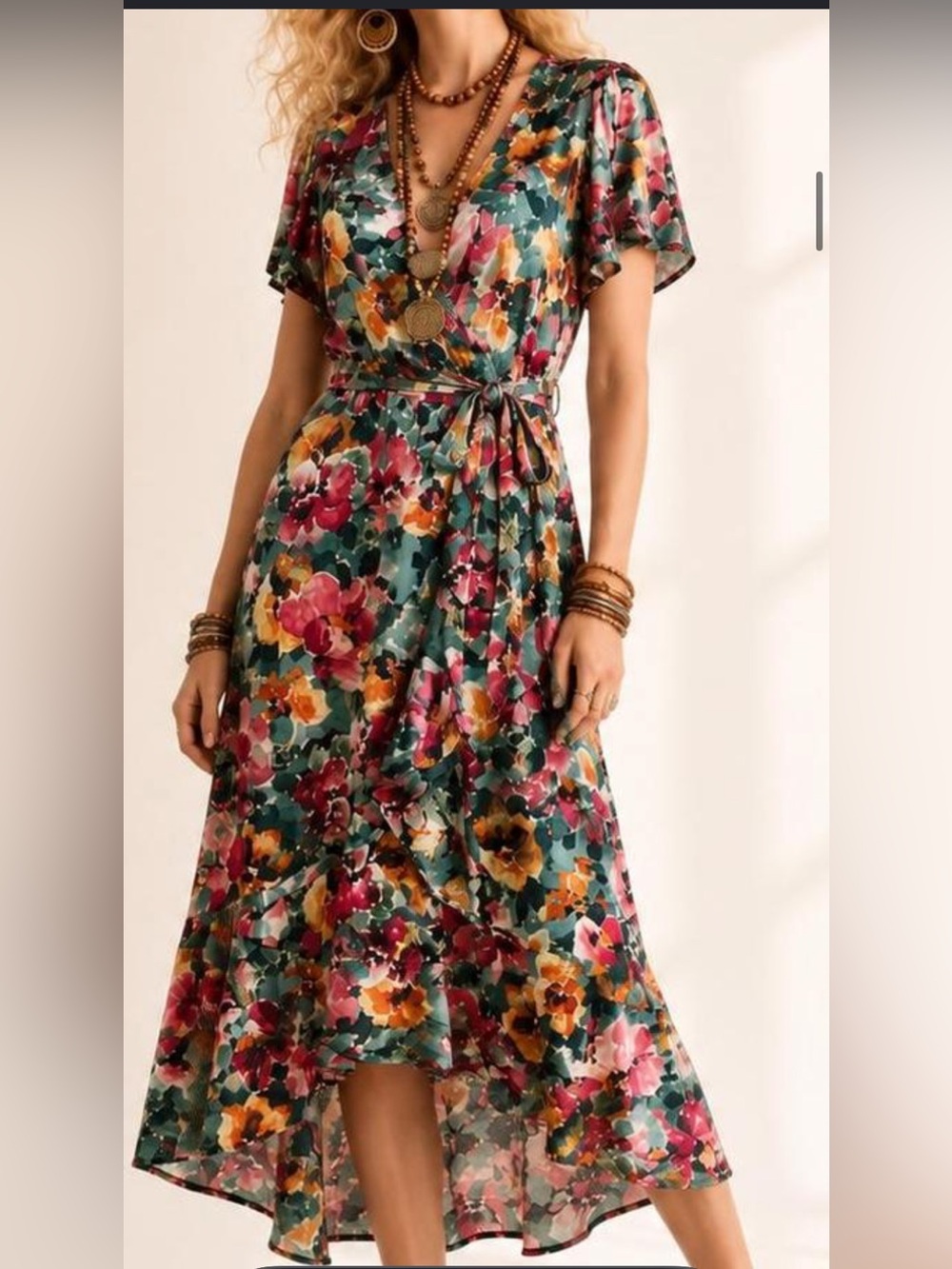 Nicole Miller Floral High-Low Wrap Dress in Teal, Pink and Mustard